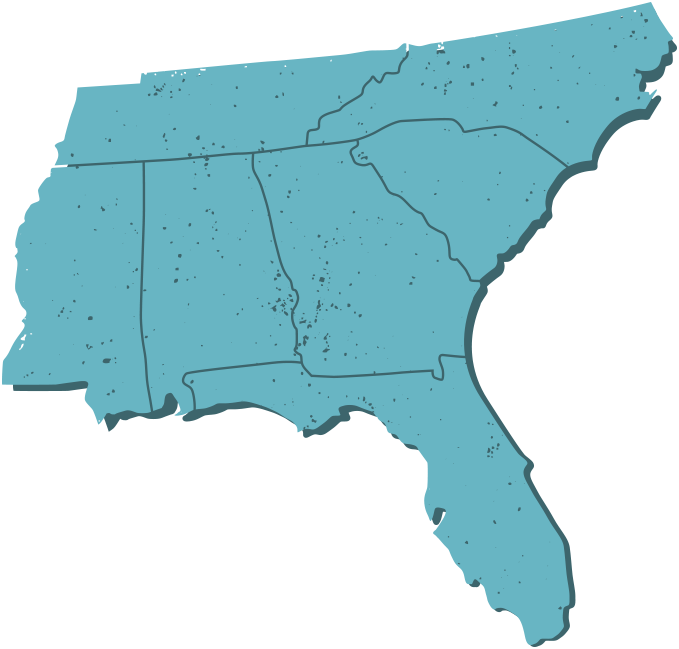 Map of the southeast showing Momma G's locations